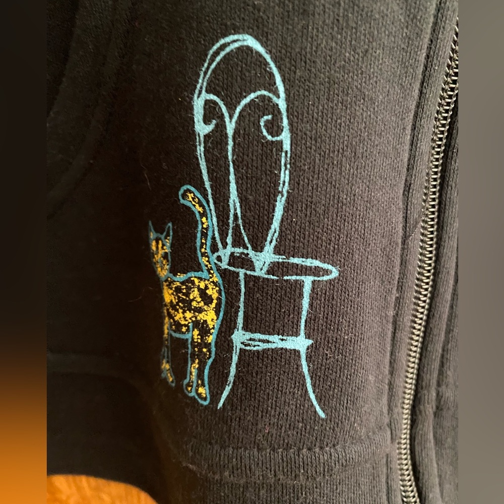 Breckenridge jacket. sidewalk café. Navy blue with cat design. Size small. - Picture 3 of 16